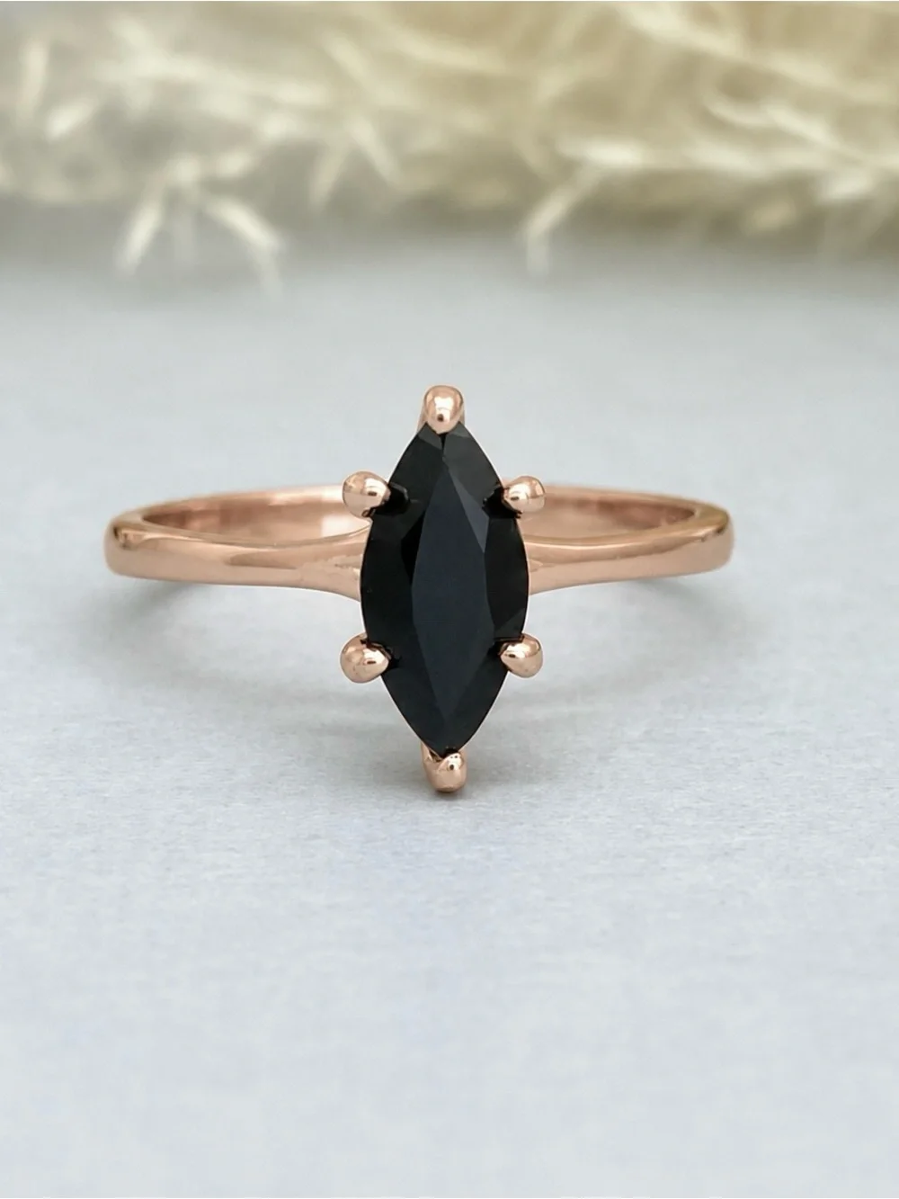 Rose Gold Black CZ Marquise Cut Solid Sterling Silver Solitaire Stackable Ring